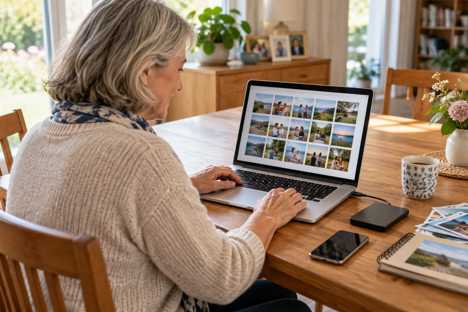 Une femme trie ses photos sur un ordinateur portable, avec un disque externe pour les sauvegarder.